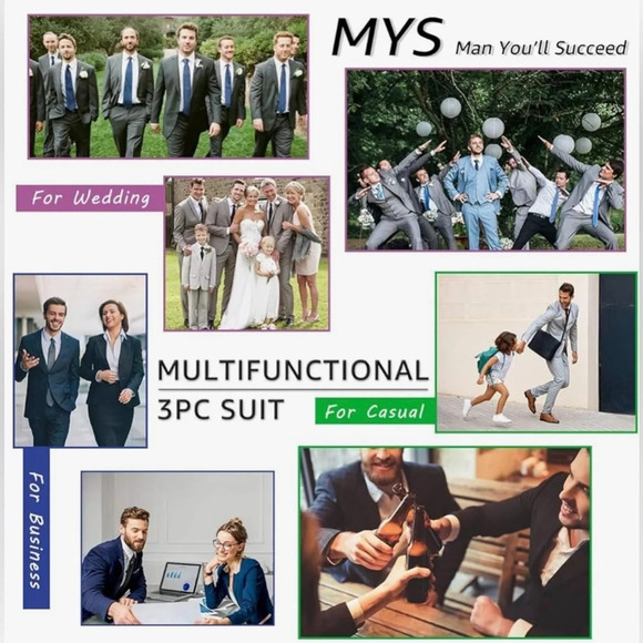 NWT Men's 3 Piece Slim Fit Suit Set, One Button Solid Jacket Vest Pants with Tie - Picture 8 of 8